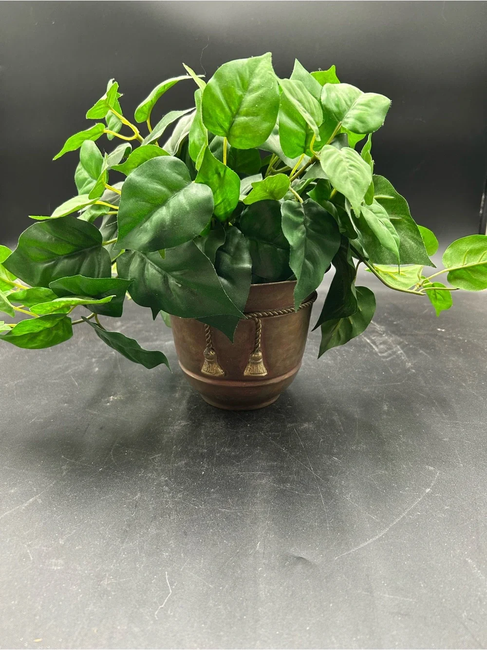 Decorative Green Faux Pothos in brass Planter with rope design